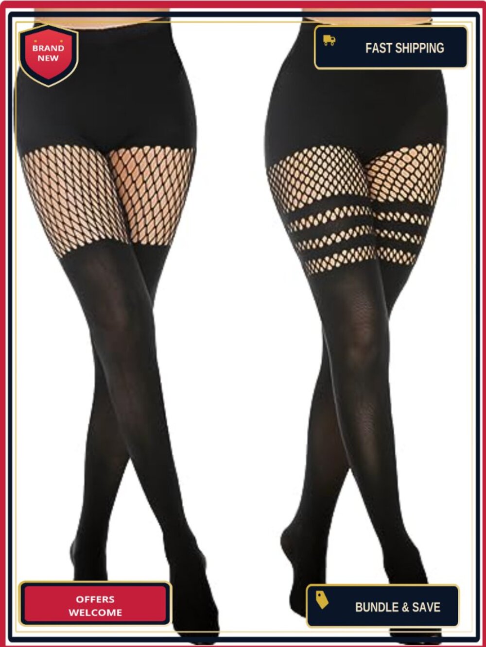 Faux Thigh High Tights Mock Suspender Pantyhose Striped Fishnets 2 Pack